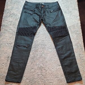Women's Black Faux Leather Biker Jeans. Size Medium